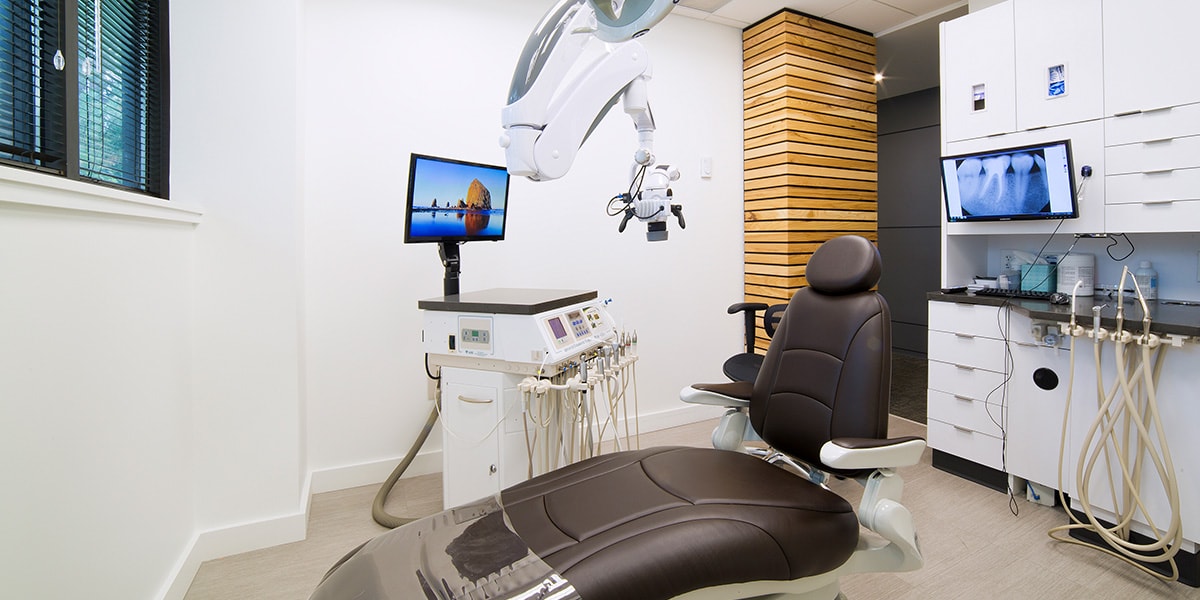 White and modern dental exam room.